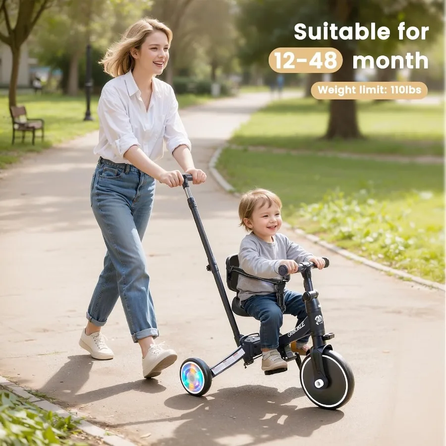 دراجة ثلاثية العجلات 5 في 1 للأطفال الصغار 1-3 دراجة أطفال قابلة للتحويل مع مقبض دفع ودواسات قابلة للإزالة دراجة توازن مع ضوء ملون #2