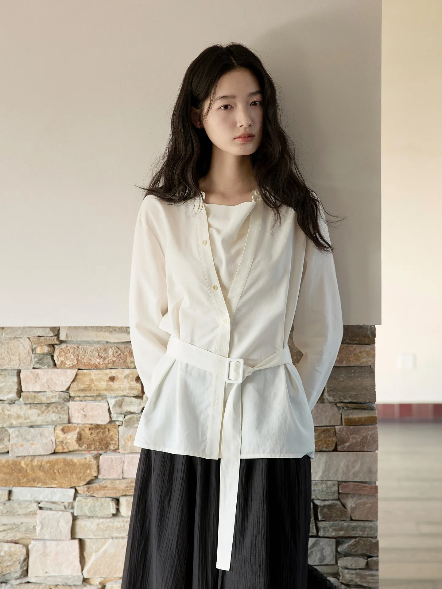 

GINNKEE French Sle Loose Fit Long Sve irt Linen Blend Casual Breathable Women's irt Fake Two-Piece Design Lapel irt