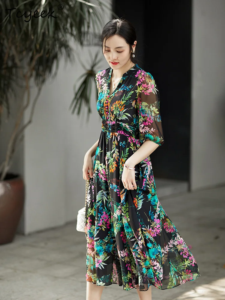 Tcyeek, 100% 리얼 실크 우아한 드레스, 여성 하프 슬리브 꽃 프린트, 복고풍 패션 OL 드레스, 2024 봄 여름 새로운 D44072QM