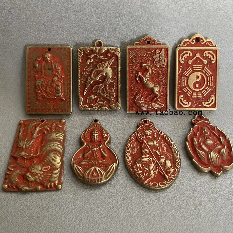 Brass Cinnabar Gossip Amnesty Bronze Medal Guanyin Copper Pendant Taisui Token Keychain Pendant Cinnabar Tag