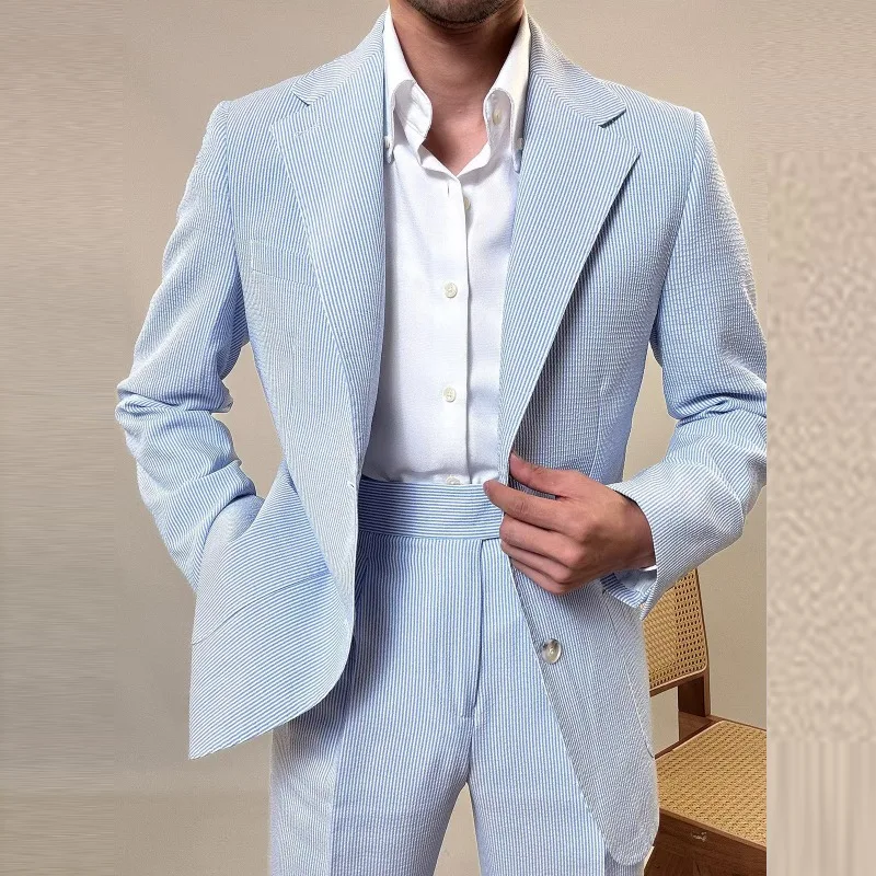 KIDWHXR Man Suit Coat Korean Striped Single-breasted Pocket Men Outerwear Slim Long Sleeve Business Versatile Male Casual Blazer