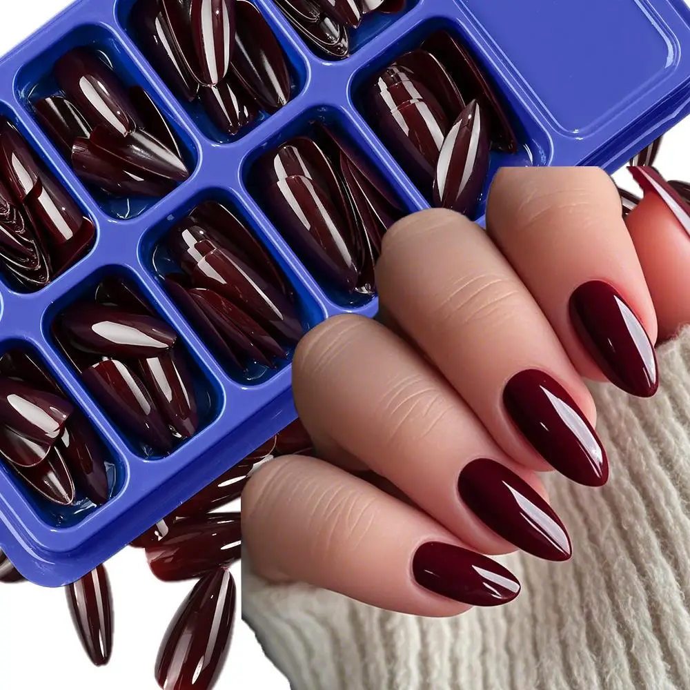 120Pcs Burgundy Red Medium Almond Press On Nails Glossy Solid Color Full Cover Fake Nail for Women Wearable False Fingertips TD