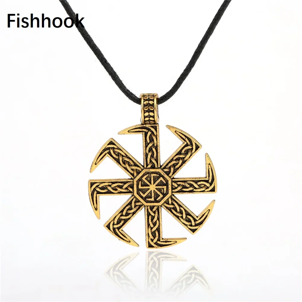 Skyrim Slav Taislman Kolovrat Sun Wheel Pendant Stainless Steel Wax Rope Necklace Vintage Talisman Jewelry Gift for Boy and Girl