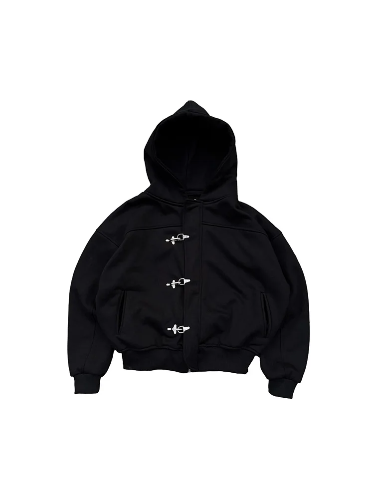 Autumn Winter Women Hoodie Harajuku American Vintage Y2K Streetwear Button Design Solid Color Pullover Hooded Sweatshirt