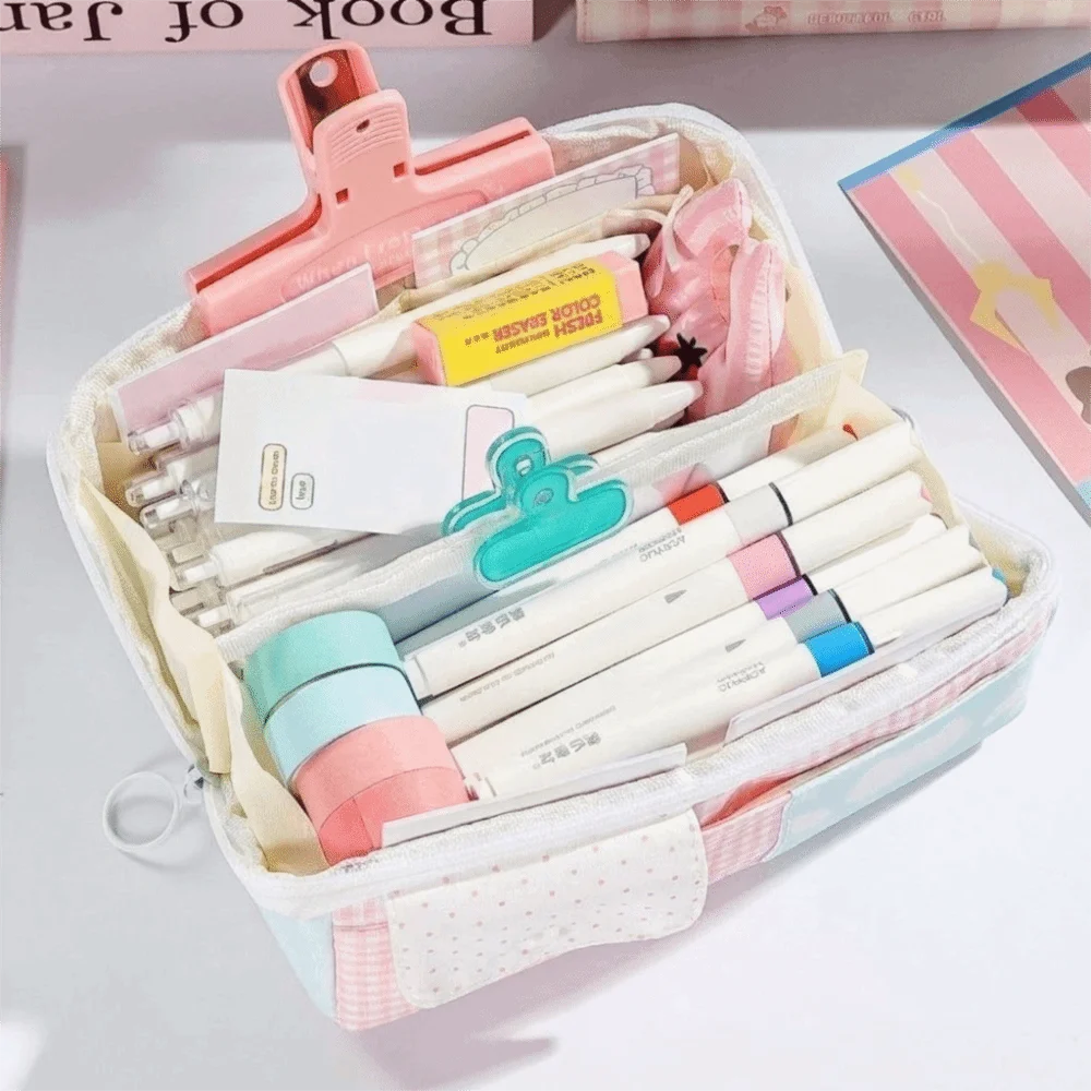 Cartoon Cat Pattern Pencil Case Cream Color Large Capacity Multi-Layer Pen Bag Stylish Polka Dot Stationery Organizer Office