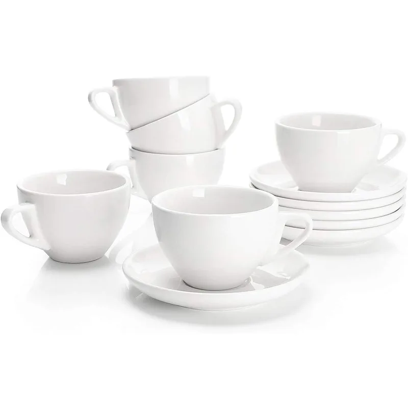 6 Ounce Cappuccino Cups with Saucers, Porcelain Double Espresso Cups Set of 6 - White