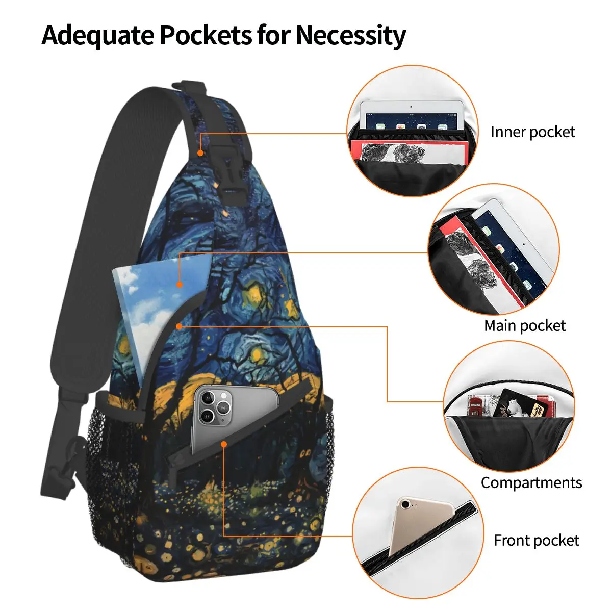 Oil Painting Crossbody Bag Sports Starry Nigh With Tree Chest Bag Unisex Women Man Fashion Shoulder Backpacks Travel