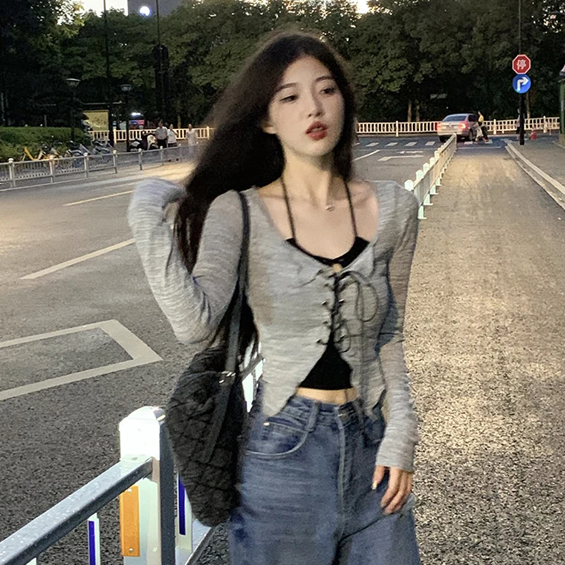 Korean Bandage Two-piece Cardigan Camis Set Women High Street Long Sleeve Gray V-neck Slim Thin Shirts Fashion Harajuku Y2K Tops