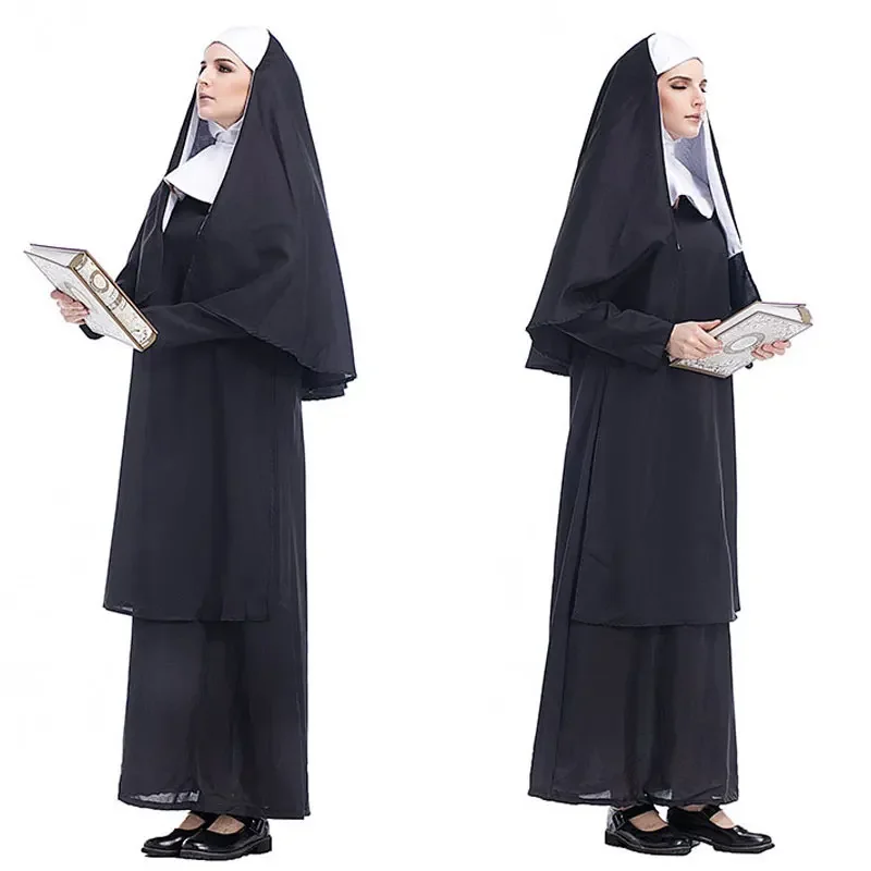 

Adult Women Traditional Nuns Costumes Black Robe Religious Catholic Priest Sister Clothes Cosplay Party Dress
