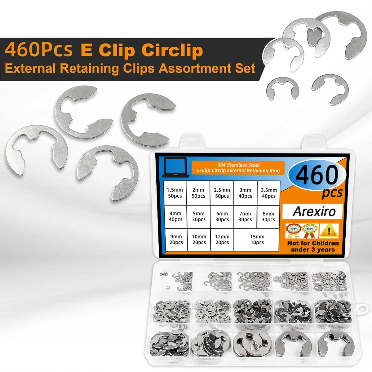 460Pcs 304 Stainless Steel E-Clip Circlip M1.5-M15 External Retaining Ring E Type Snap Ring for Shaft Bearing Gear Axle Fixing