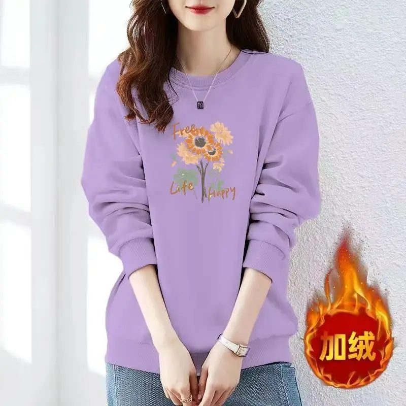 Sudadera de cuello redondo de algodón puro estilo coreano más terciopelo grueso estampado Otoño e Invierno Top suelto de manga larga ropa exterior