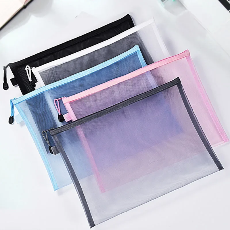 Nylon Mesh File Bag A4 Transparent Zipper Test Paper Information Bag Office Student Pen Bag Subject Bag Puzzle Storage Bag