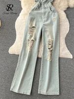 SINGREINY American Retro Streetwear Denim Jumpsuits Zipper Pocket High Waist Wide Legs Ripped Pants Summer Women Slim Rompers - Image 4