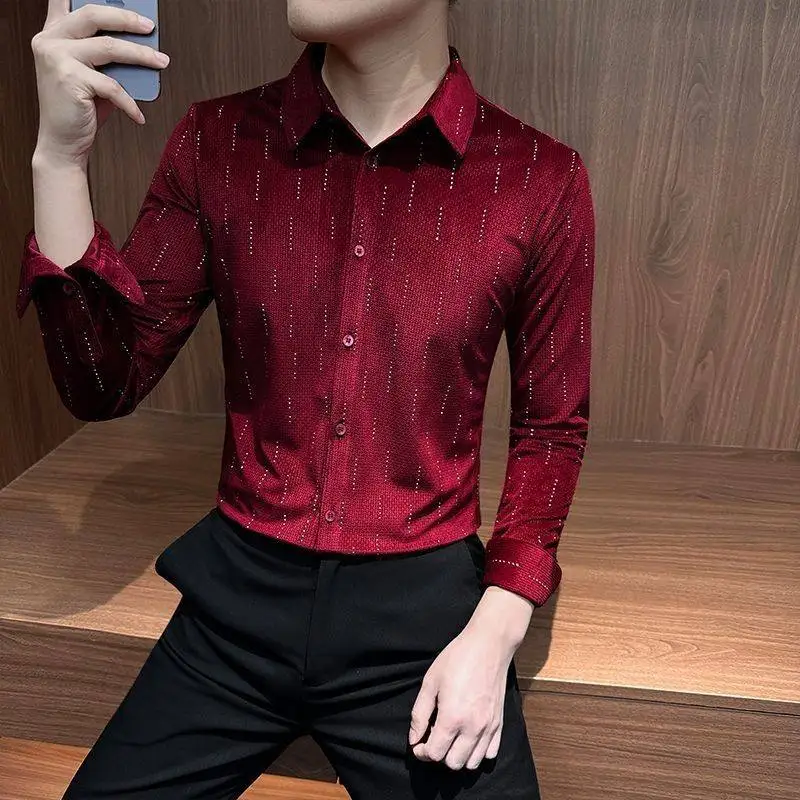 Spring 2026 Rhinestone Decorated Long Sleeved Shirt Men Retro Social Casual Shirt High Quality Business Office Uniform Shirts