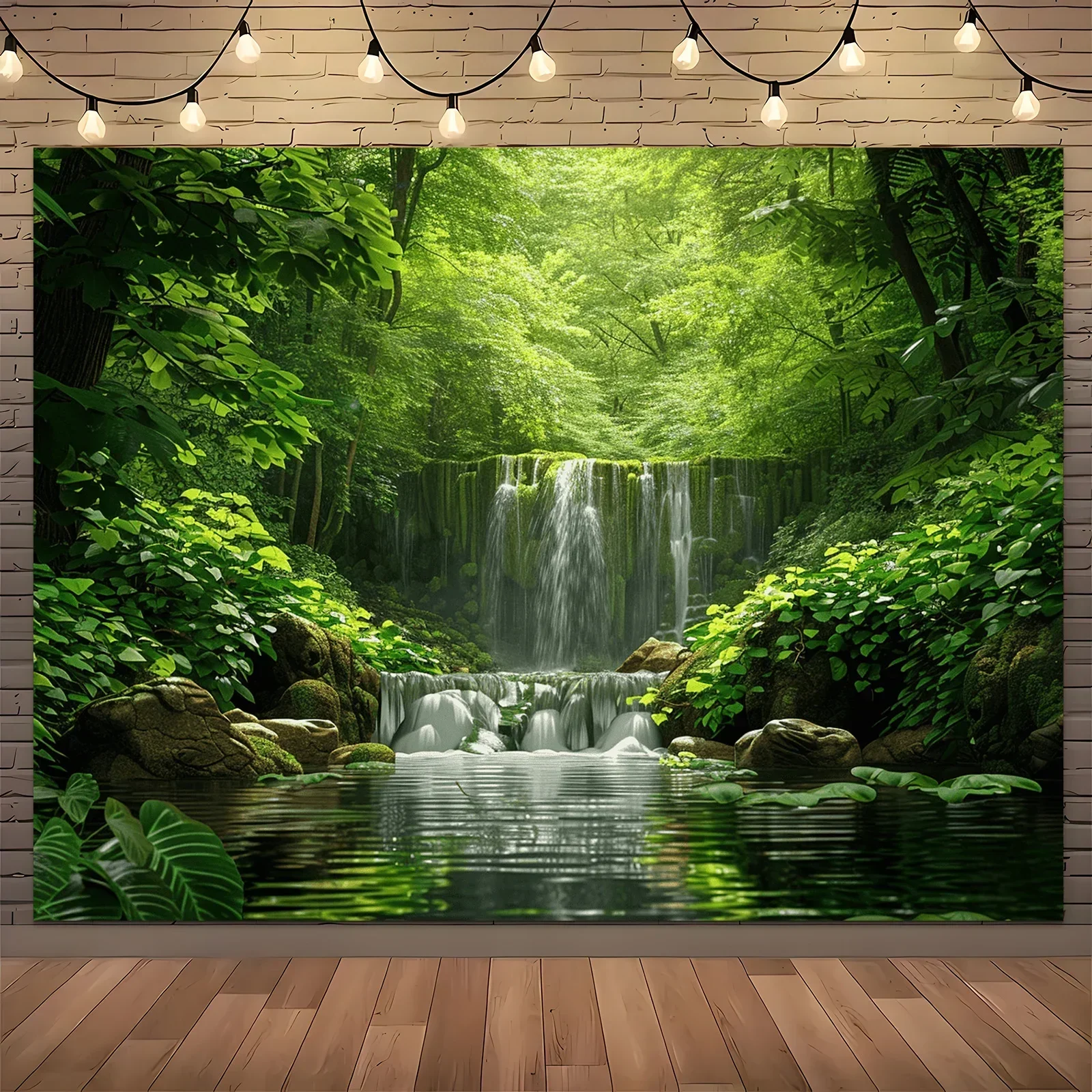 Ein grüner Waldwasserfall-Hintergrundstoff mit Naturmotiv, Partybanner, Hochzeitsdekoration und Fotostudio-Hintergrund