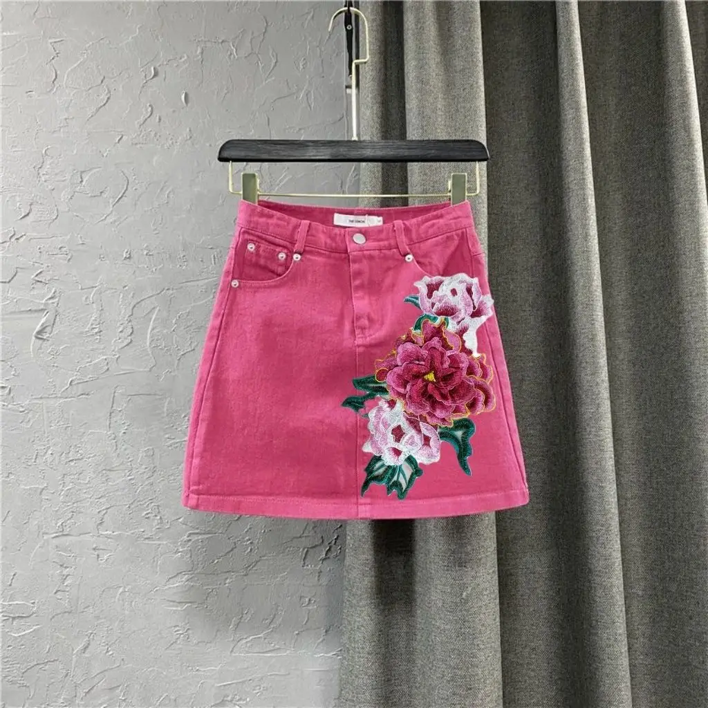 Nail bead embroidered denim skirt for women in summer 2024, new high waisted  slimming short skirt  black skirt