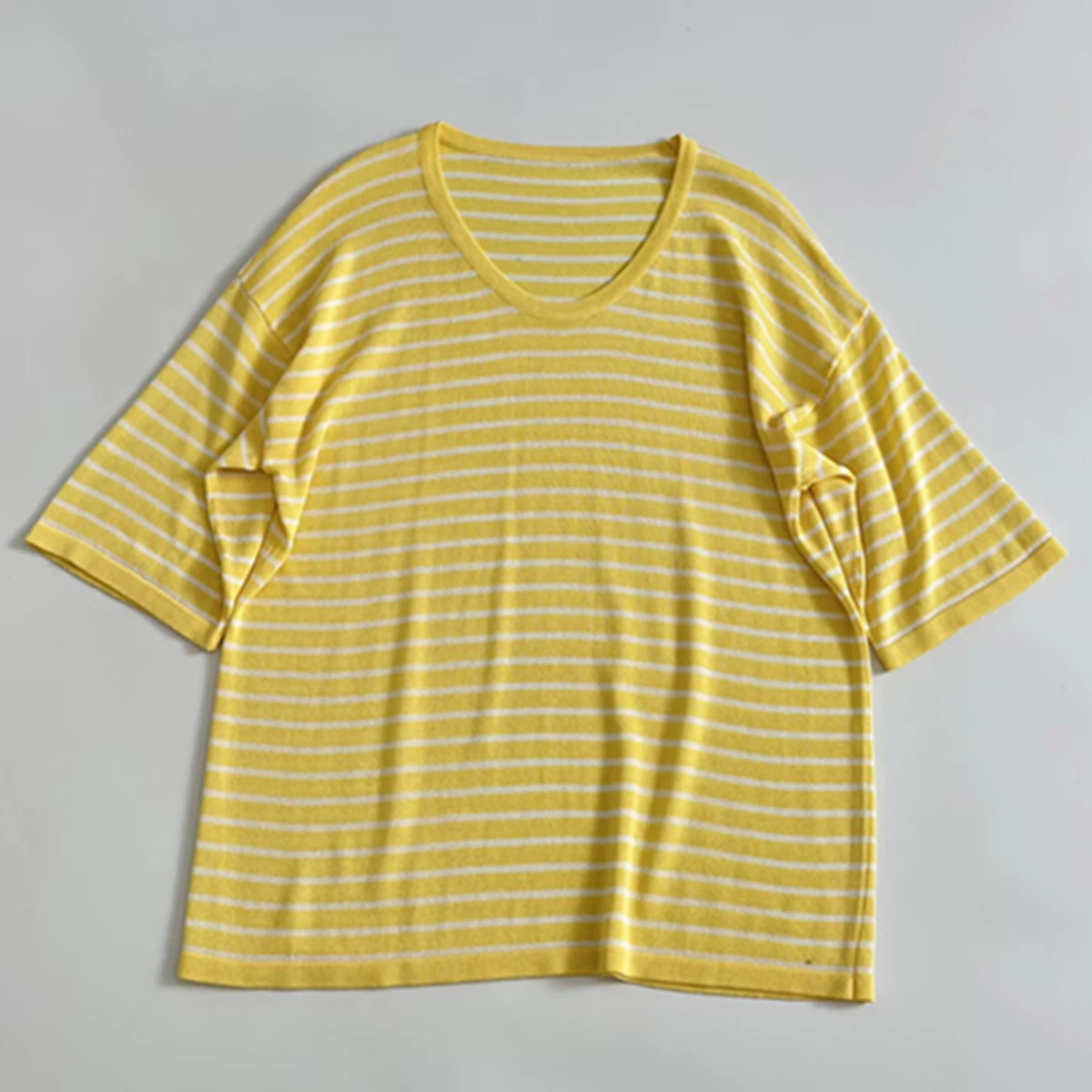 Dave&Di French Country Lazy Cotton Loose T-shirt Retro Striped Round Neck Boyfriend Top Summer Short Sleeve T-shirt Women
