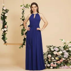 Women Royal Blue Halter Hollow Out Chiffon Bridesmaid Dresses Gorgeous Long Prom Draped With Bow Belt Maxi Gowns Formal Evening