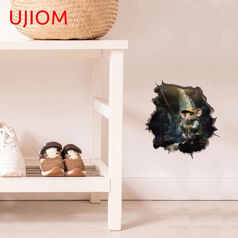 UJIOM 13cm X 12.9cm Hamster Fishing Cartoon Wall Stickers Spoof Cute Cupboard Bedroom Baby Nursery Room Decal Home Accessories