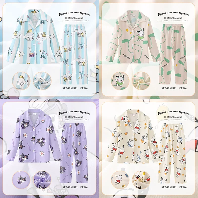 

Kawaii Miniso Spring Autumn Children Pajamas Anime Kuromi Cinnamoroll Pochacco Boy Girl Milk Silk Sleepwear Kids Loungewear