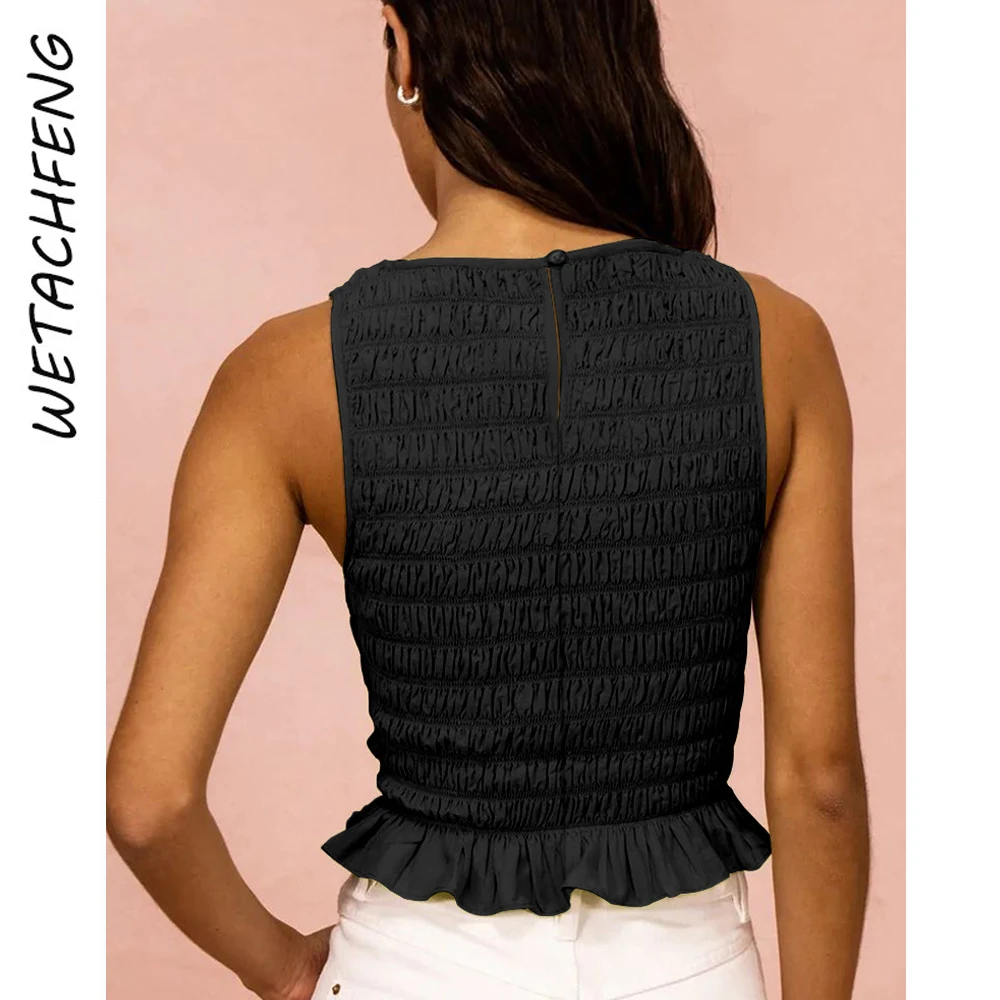 Black Sexy Sleeveless Folds Ruffles Women Tees Tops 2023 Fashion Y2K Streetwear France T Shirts Clothing Harajuku Summer Tops