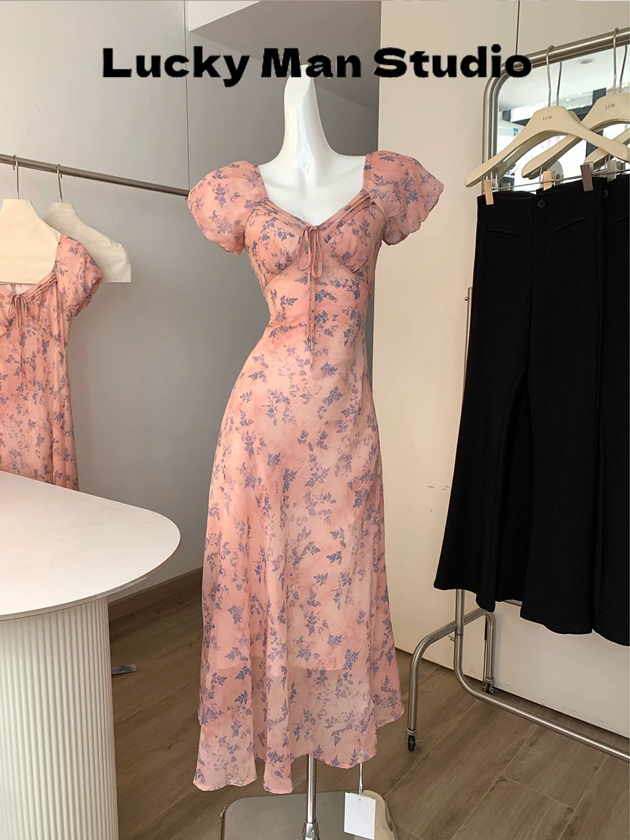 

Luckymann Summer New Floral Tie Bubble Sleeve Dress Women's Style: Countryside Skirt Type: Other Material: 100% Polyester
