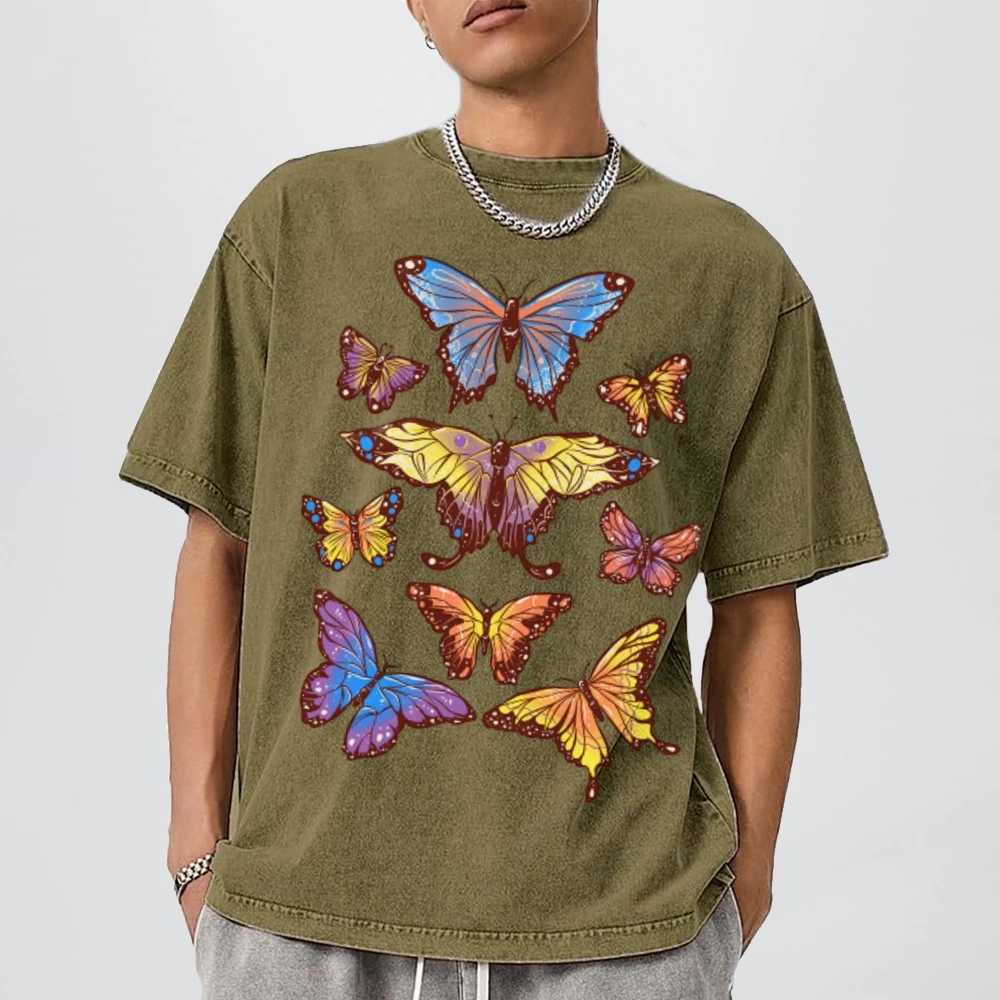 تي شيرت صيفي بلون متباين ، طباعة فراشة ، كتف لأسفل ، اتجاه الغسيل القديم ، أكمام قصيرة جديدة ، نمط Ins ، الموضة #4