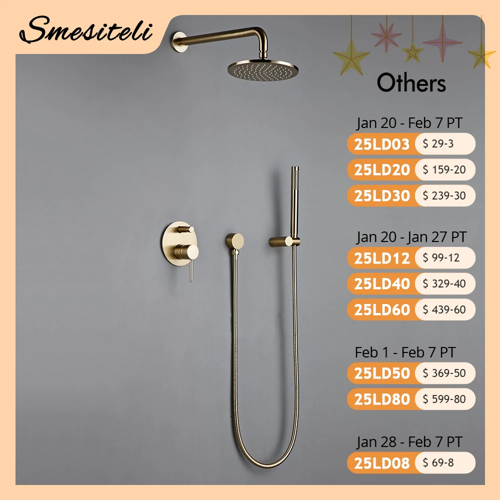 Shower System Wall Mount Bathroom Set Bath Faucet Brass Diverter Mixer Tap Brushed Gold With RainFall Head And Hand Held 8-12