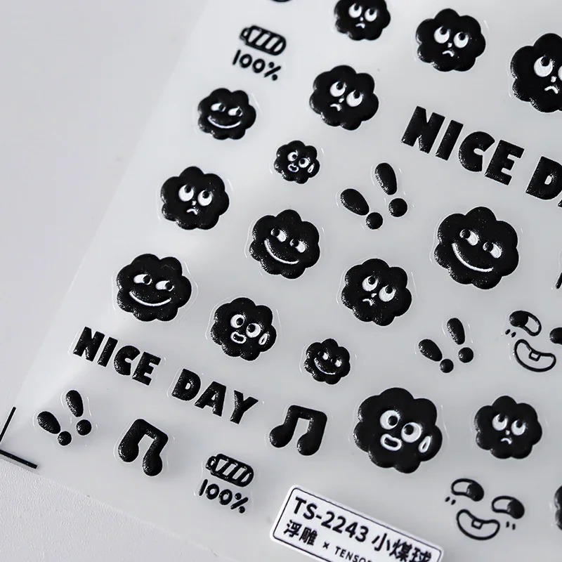 1 Sheet 5D Realistic Relief Black Coalball Nice Day Smile Scared Full Charge Adhesive Nail Art Stickers Decals Manicure Charms