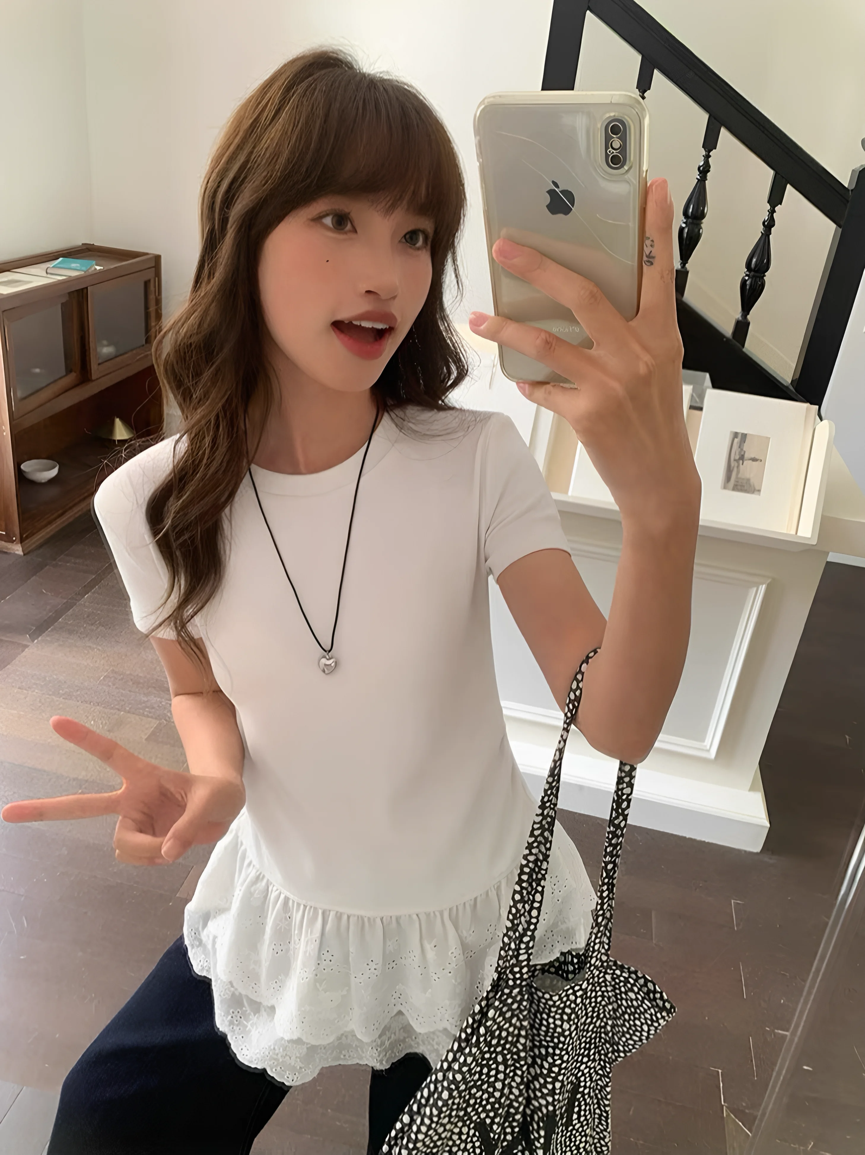 Slim Fit round Neck Short Sleeve T-Shirt 95 Cotton Lace Hem Large Size Summer New Style Women's Casual Comfortable Top