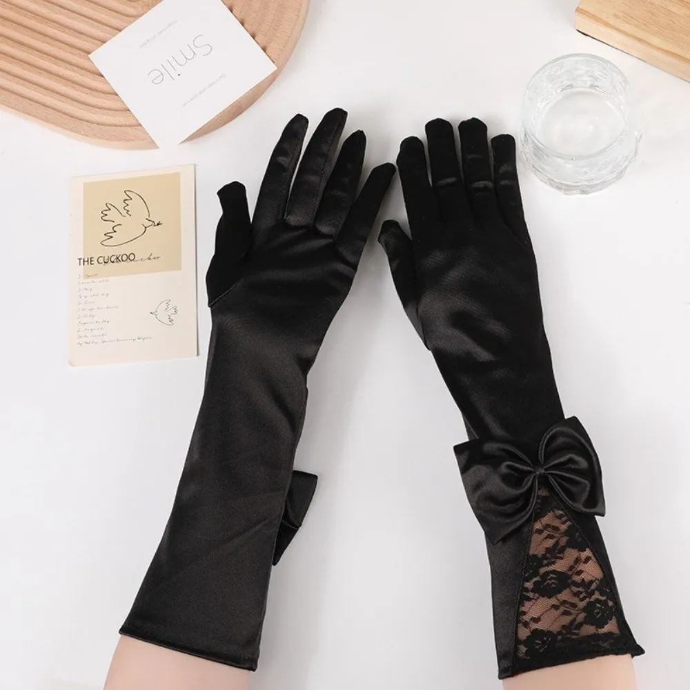 New Bowknot Satin Bride Gloves Lace Trim Long Sleeves Etiquette Gloves Dance Performance Gloves Wedding Dress Accessories