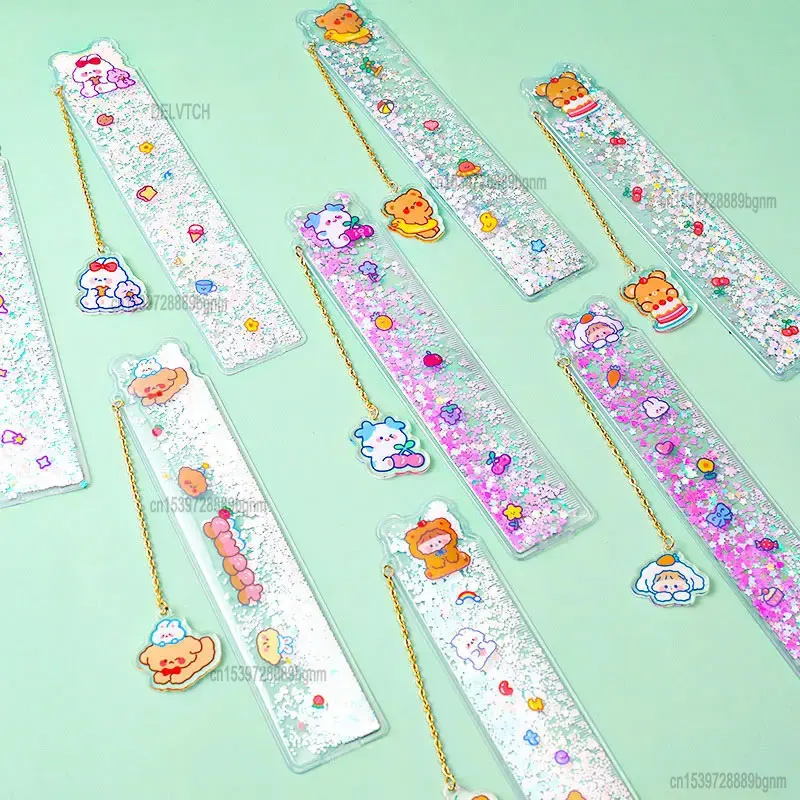 Transparent Oil Quicksand Sequin 15cm Measuring Straight Scale Ruler Soft Bookmark With Cute Pendant Student Drawing Stationery