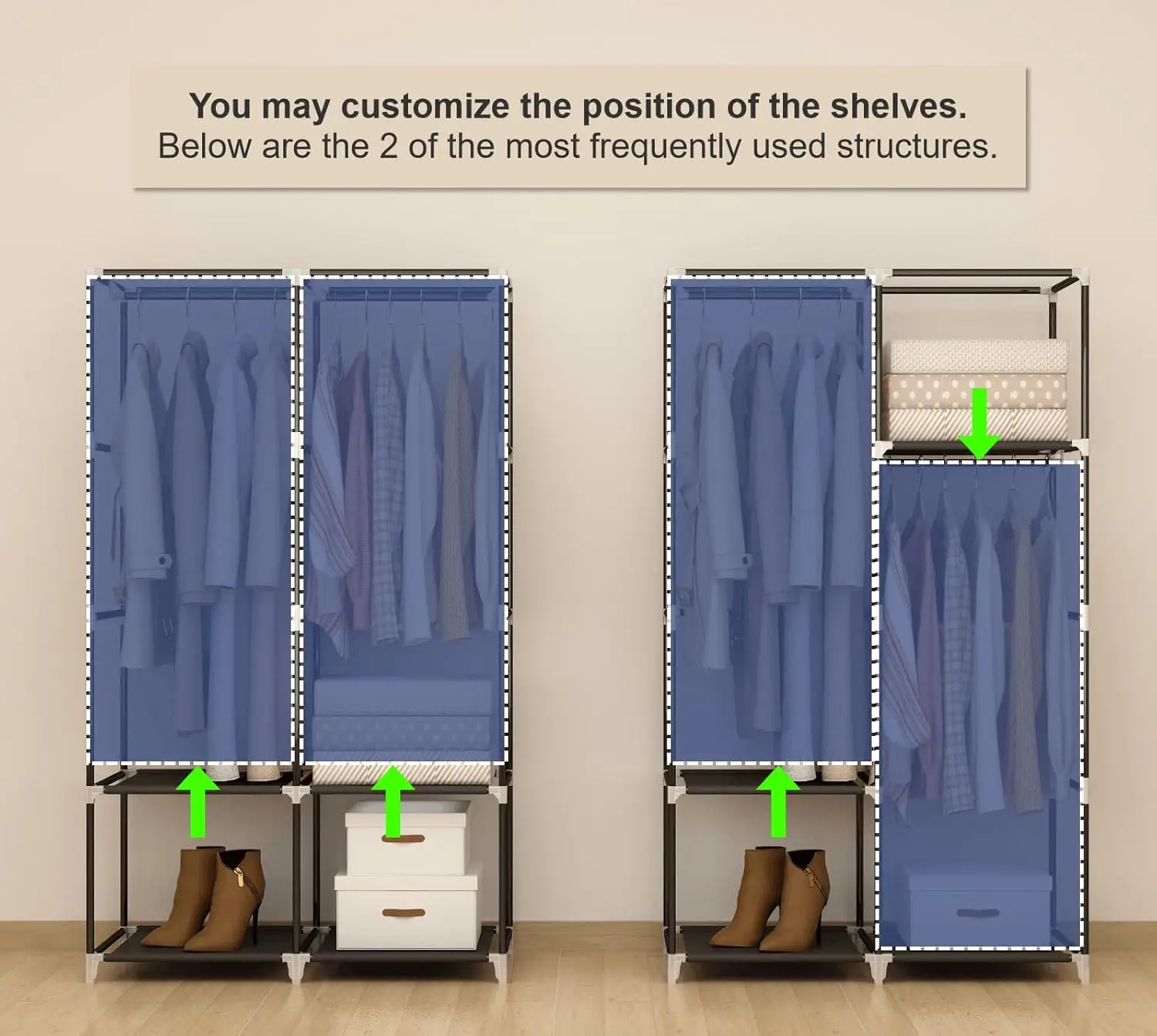 Portable Closet Wardrobe for Small Room, 35-Inch Clothing Organizer Storage Rack with 2 Clothes