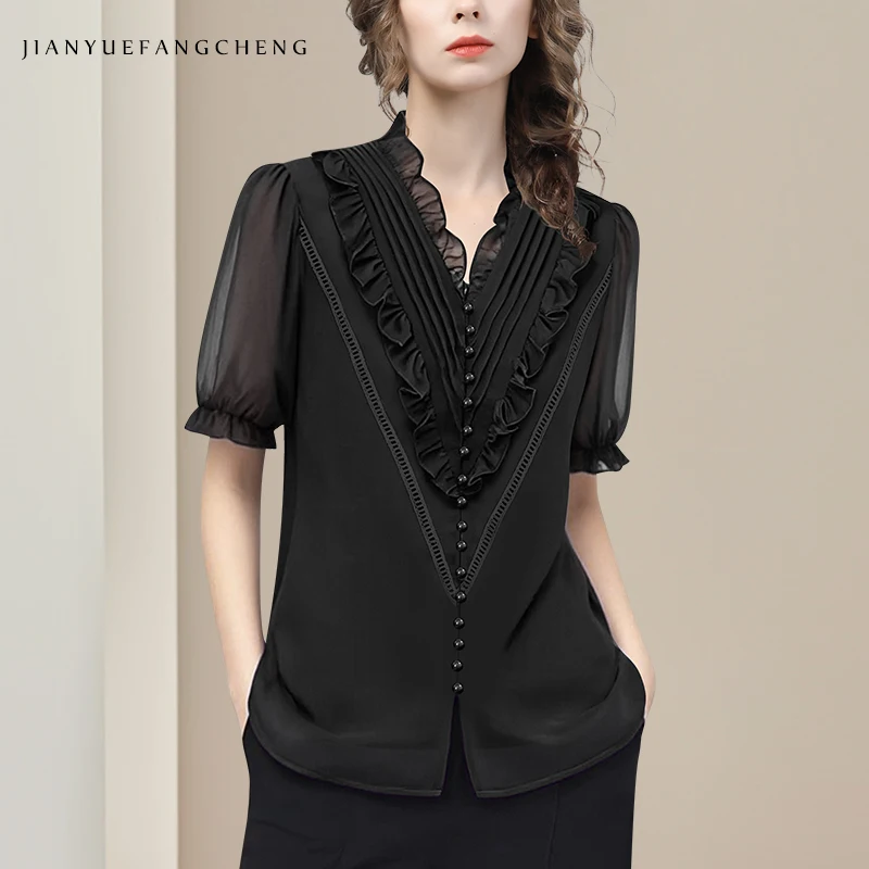

Women Summer Short Sleeve Ruffles Chiffon Blouse Fashion V-Neck Beaded Lightweight Casual Tops Office Ladies Shirts