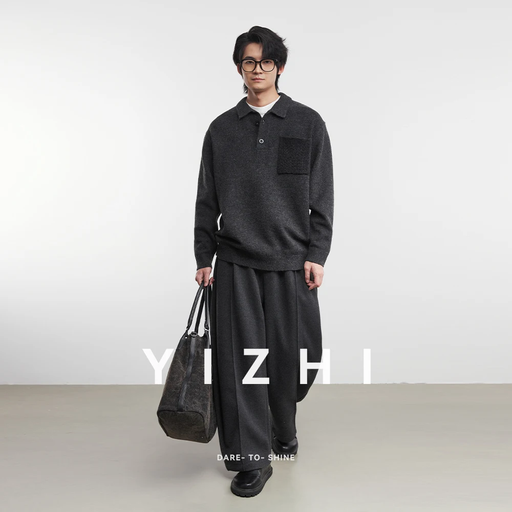 Fashion Men's Sheep Wool Lapel Sweater 2025 Winter New Loose Solid Color Long Sleeve Top Casual Knitted Sweater POLO Shirt