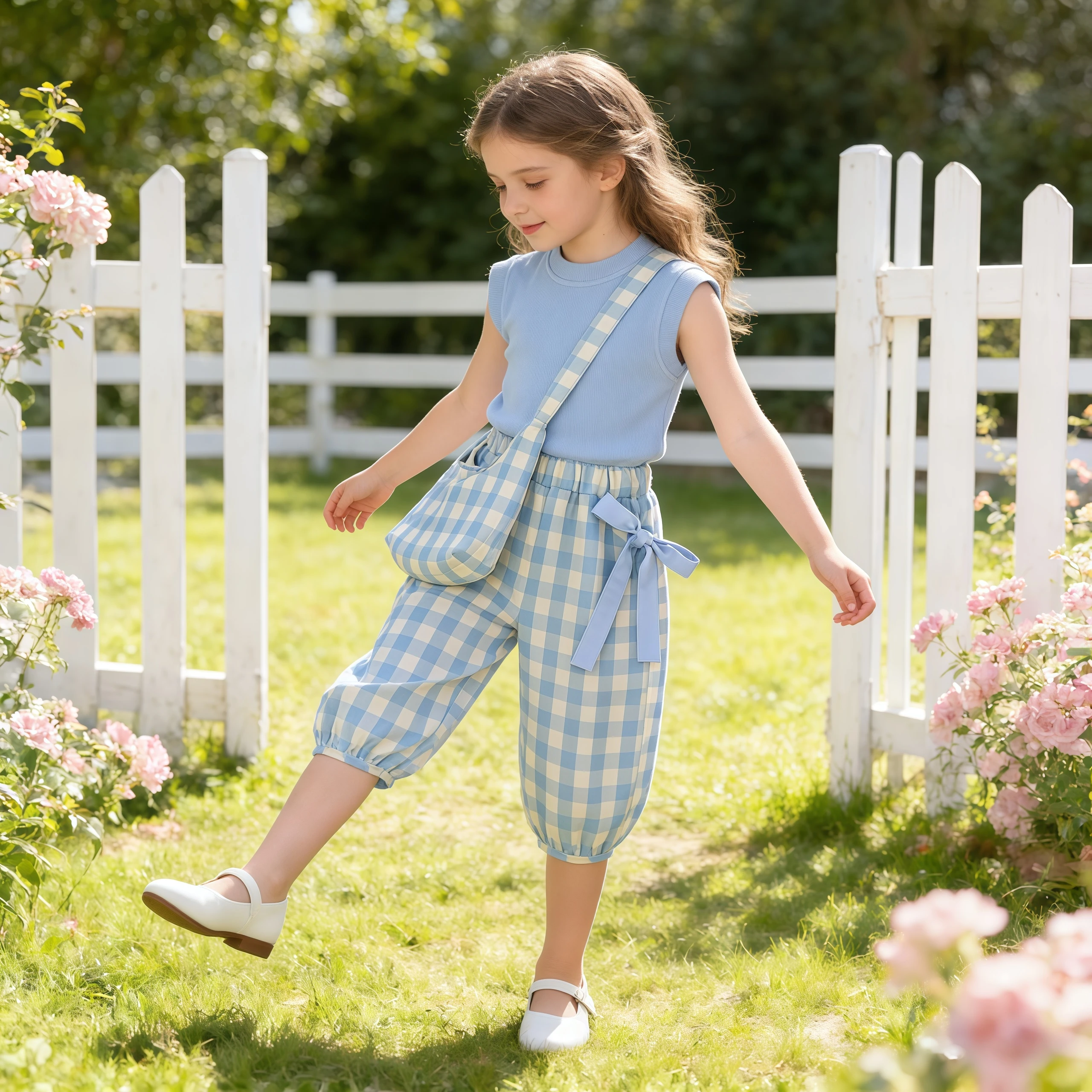 Summer Kids Girls Casual Children's Top And Bottom Clothes Set For Toddler Sleeveless Vest Tees+Bow Plaid Pants+Bag 1 To 8 Year