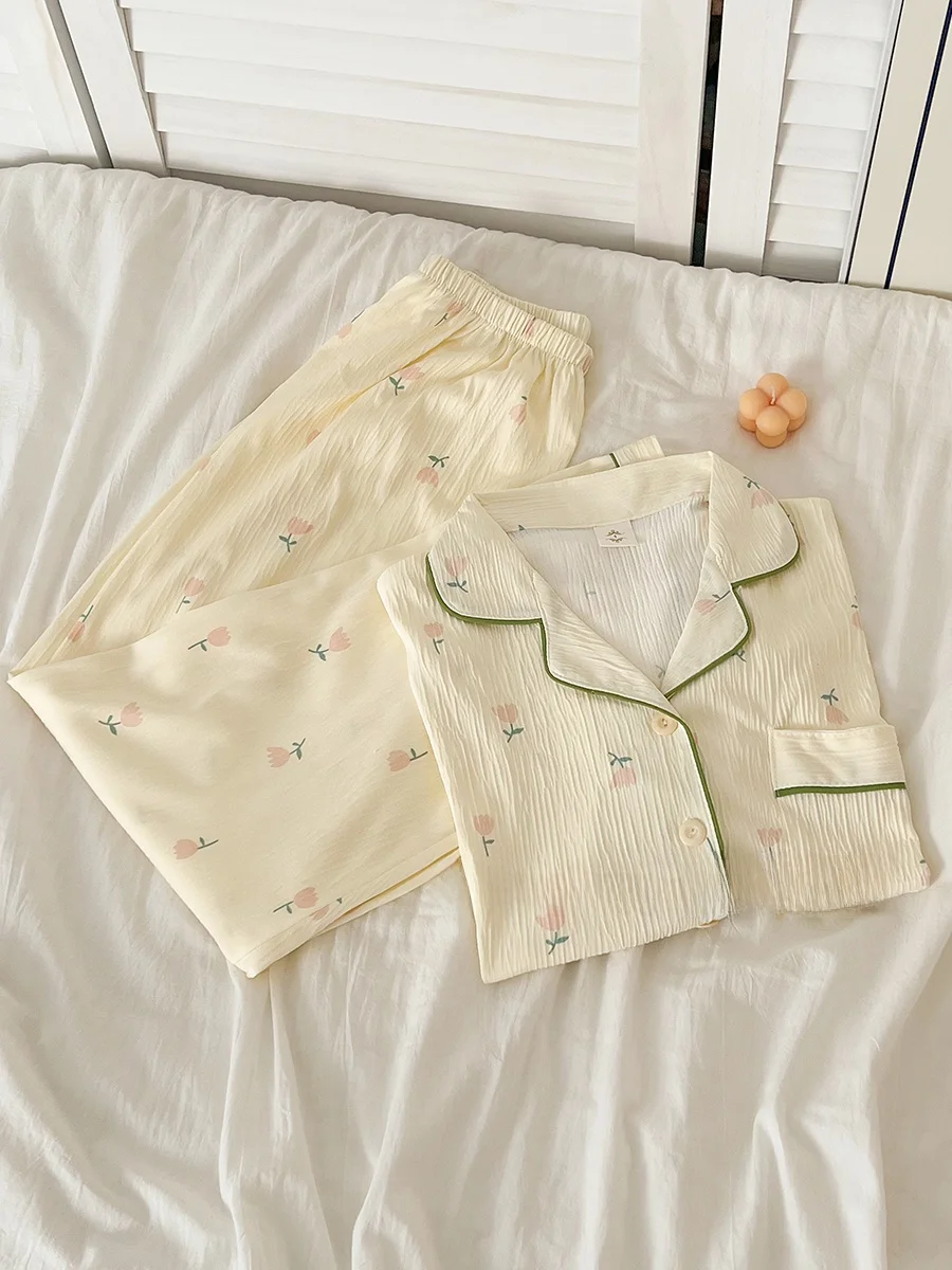 

Summer Floral Tee-Piece Set Sweet ort Sve Long Pants Spwear Women Thin Cardigan Home Clothes plus Size Cotton Fabric