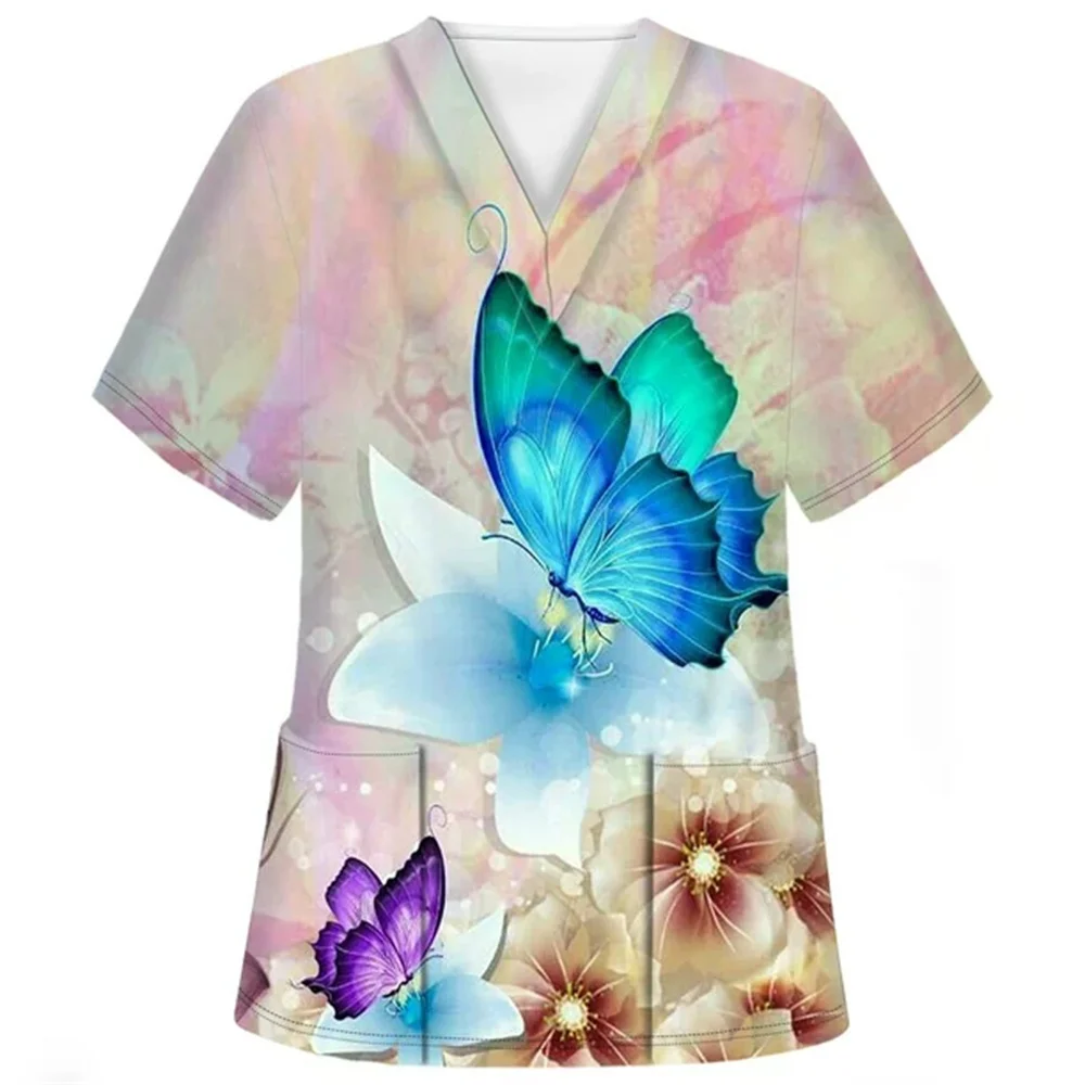 

Medical Clothes Elegant Butterfly Print V-Neck Surgical Uniform Woman Short Sleeve Color Patch Pocket Top Clinical Uniform Woman