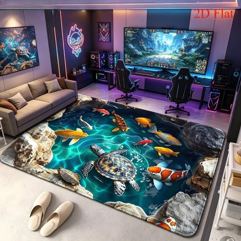 2D Underwater Koi Fish Turtle Rock Gaming Area Rug, Realistic Aquatic Animal Non-slip Large Floor Mat for Game Room Bedroom