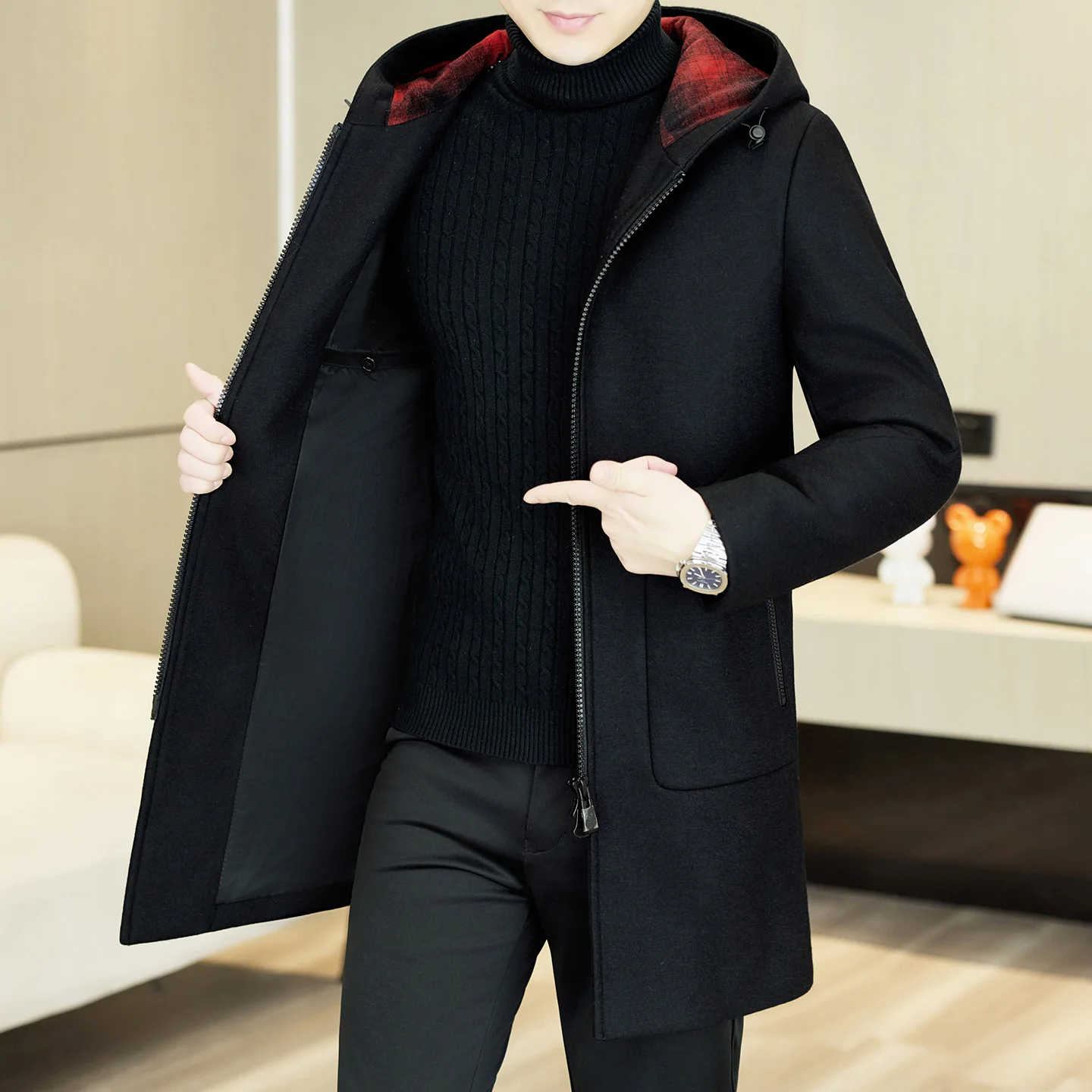 Casual Men's Hooded Warm Top Woolen Coat New 2026 Autumn Winter Business Wool Overcoat Zipper Front Windbreaker Jacket Outerwear