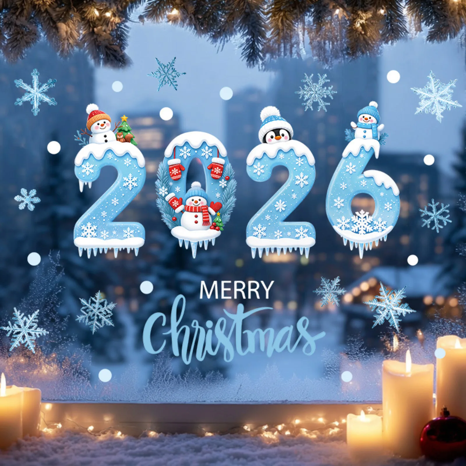 جديد 2026 عيد الميلاد ملصقات نافذة الأزرق عيد الميلاد ثلج الثلج الزجاج ملصقات الشتاء ملصقات ديكور المنزل الطرف