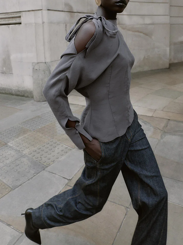 شتاء جديد 2025 ملابس نسائية بسيطة متعددة الاستخدامات للتخسيس irt oulder شق عقدة علوية Ele Faionable للسيدات #5