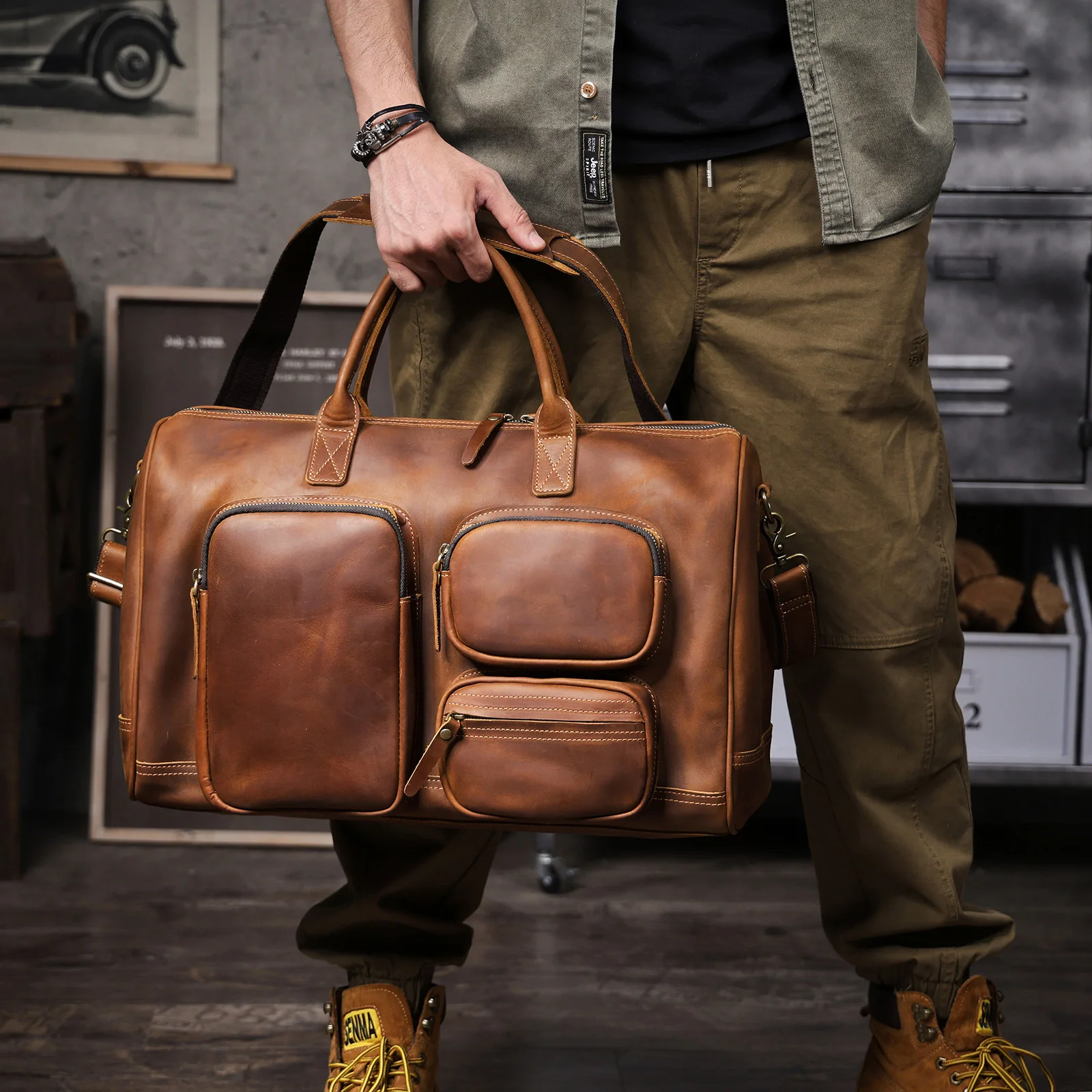 S.WORKER Premium Echtleder Business-Handtasche Vintage Herren Vollnarbenleder-Aktentasche für Geschäftsarbeit 16" Laptop-Tasche – Detail 4