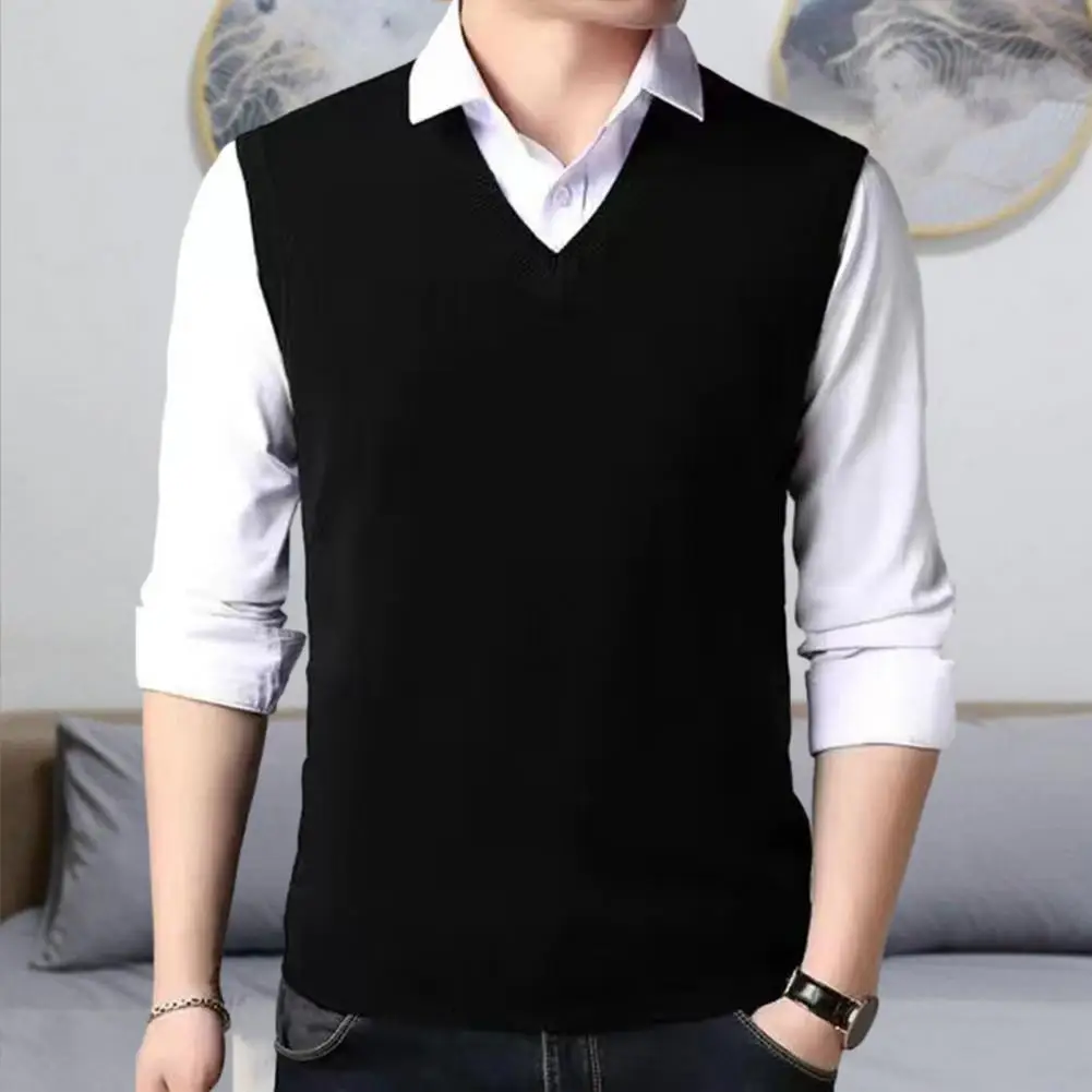 

Sleeveless Sweater Vest Comfortable Warm Sweater Vest Versatile Mid-aged Men's V-neck Knitted Sweater Vest Slim Fit Sleeveless