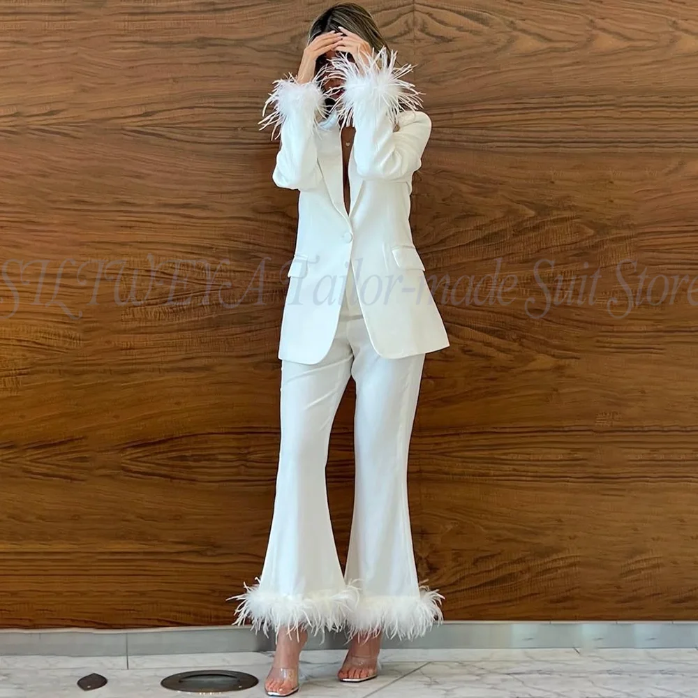 

2025 Elegant Womens 2 Pieces Suits Office Lady Chic Outfits Luxury Feather Blazer Set Boutique Banquet Custom Conjuntos De Mujer
