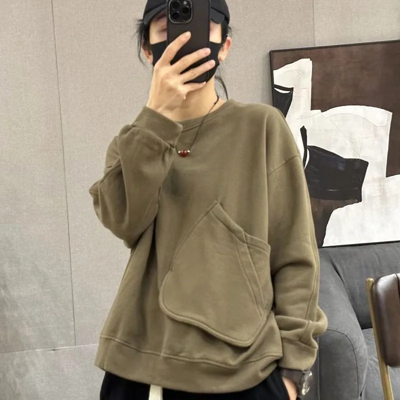 Spring Autumn New Arts Style Women Long Sleeve Loose O-neck Pullovers Single Pocket Basics Casual Cotton Solid Hoodies P92