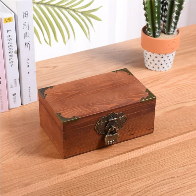 Multifunctional Wooden Storage Box with Lock, Retro Flip Cover, Sundries Organizer, Desktop Jewelry Gift Packaging Box