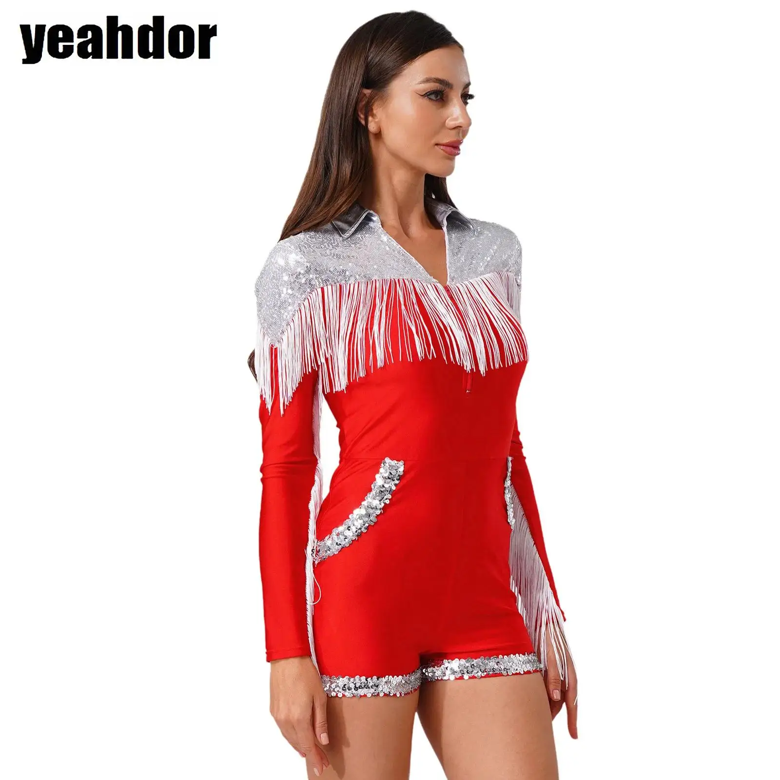 

Halloween Western Cowgirl Bodysuit Women Long Sleeve V Neck Fringe Boyshorts Rompers Sequin Tassel Cos 70s 80s Disco Dancewear