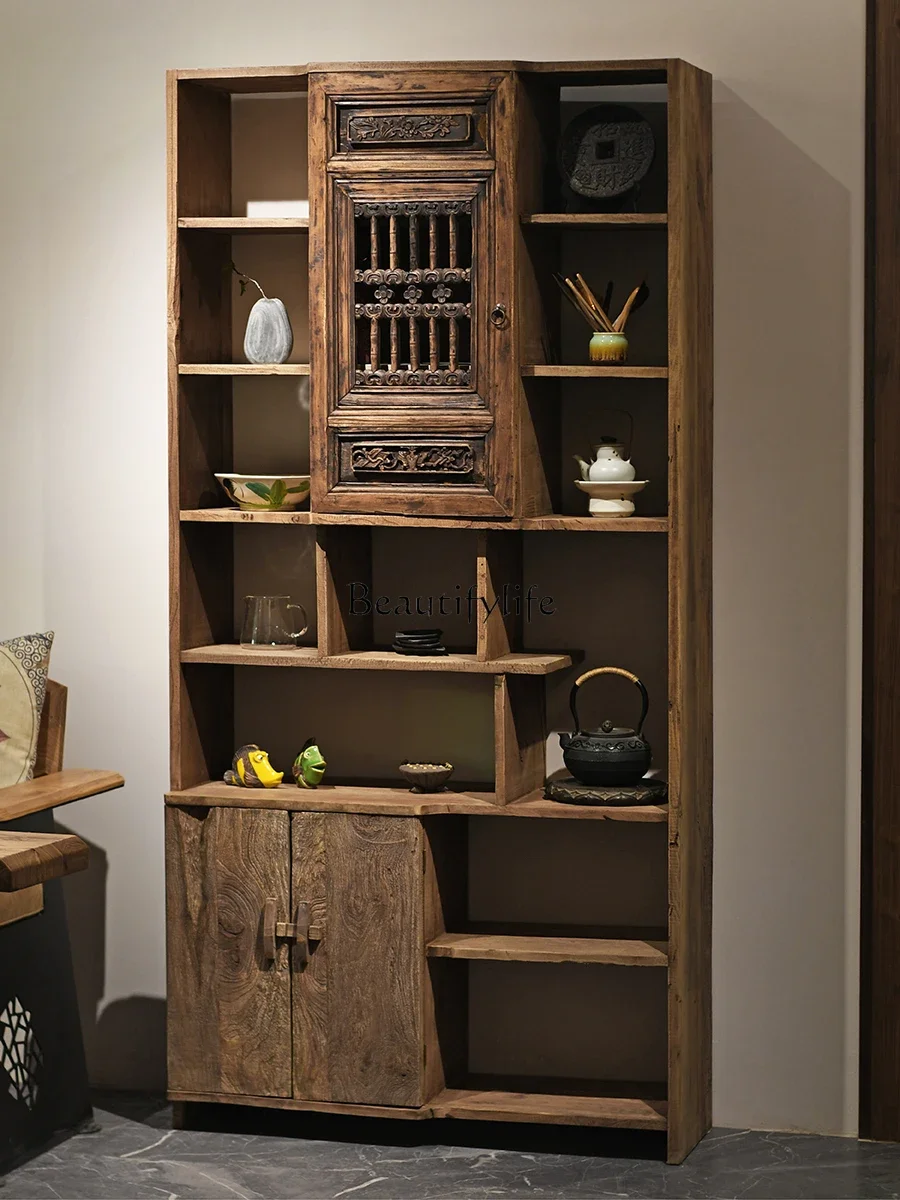 

ls 04Wabi Sand Wind Bogu Frame Solid Wood Retro Carved Hollow Door Tea Display Cabinet