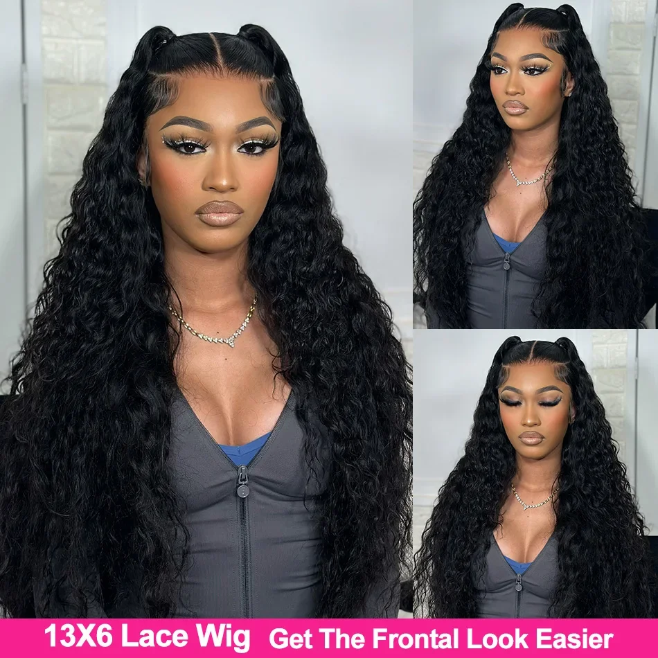 1B Human Hair Wigs Deep Wave Black Natural Color 200% Density 40 Inches 360 5x5 13x6 13x4 HD Transparent Lace Frontal Wig For Women Brazilian Hair Pre Plucked
